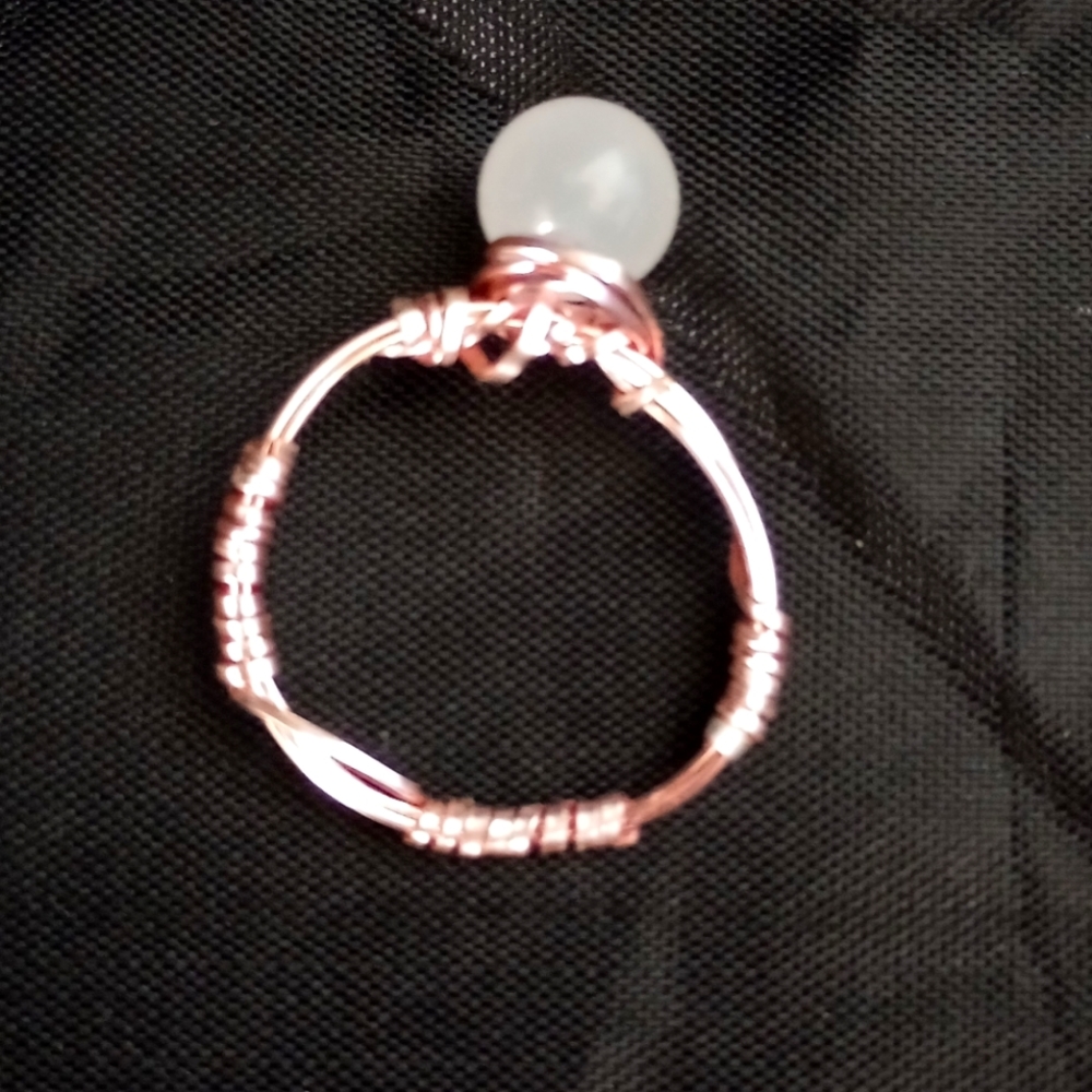 Wire Wrapped Pink Ring with White Frosted Glass Bead